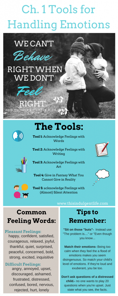 how to get little kids to listen infographic | Common feeling words for kids | tools for handling emotions | How To Talk So Little Kids Will Listen Book review | This Indulgent Life
