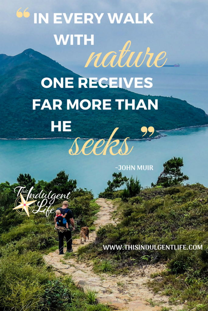 "In Every Walk With Nature One Receives Far More Than He Seeks | This Indulgent Life | This quote from John Muir is so true about hiking and just exploring nature. We definitely received more than we sought on our first hike with a toddler. | #hikingquotes #johnmuir #hikingwithkids #hikingforbeginners #naturelovers #hikingtips #mancheungpo #hongkonghikes #hikingwithchildren #hikingtrails #hikinggear #hikingvideo #hikingwithdogs #familiybloggers #familyvlogs #familyadventures #getoutside #learnfromnature #walkinnature
