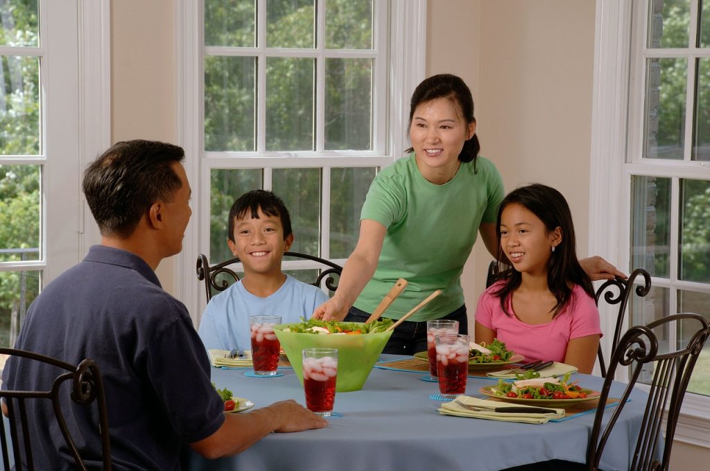 Family eating around dinner table