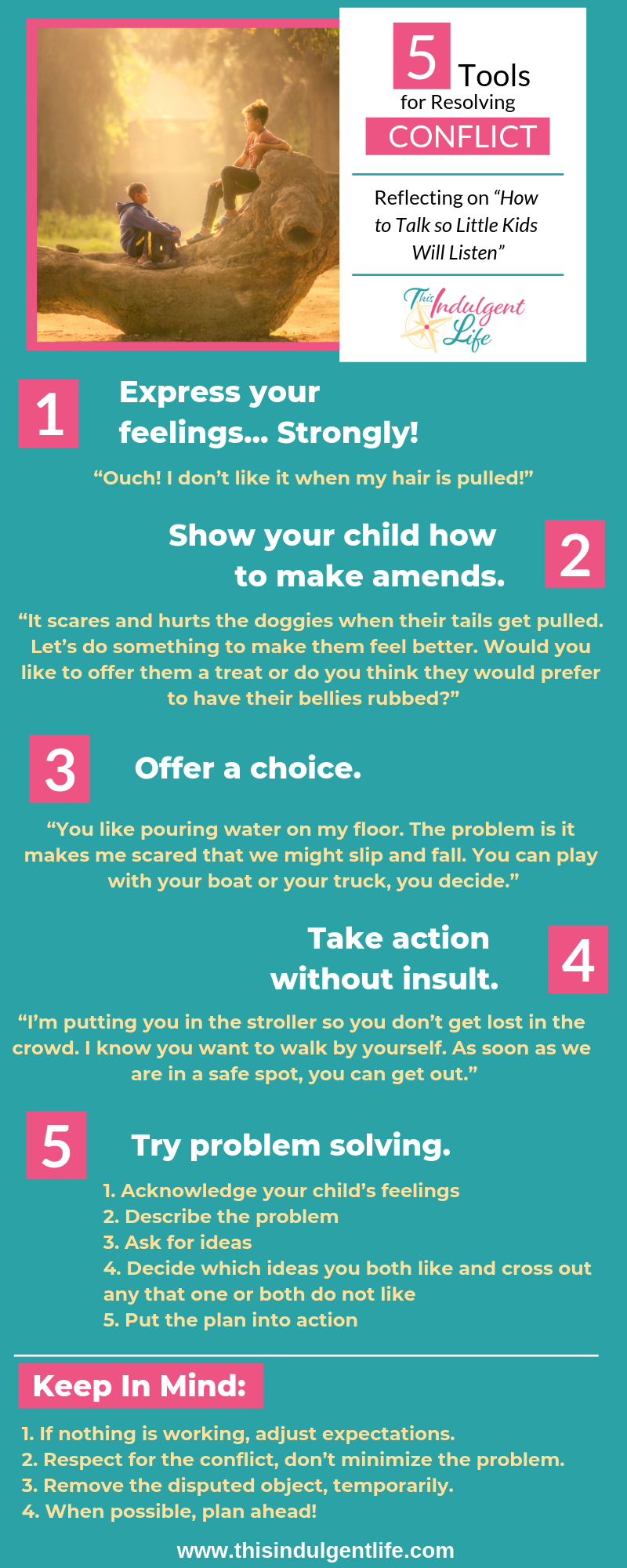 Tools For Resolving Conflict With Children Infographic | This Indulgent Life | Use these 5 tools to help you navigate power struggles with your kids. Stop yelling, bribing, and punishing to get your child to do what you want. | #toddlertantrums #toddlerbehavior #childbehavior #childraising #raisingchildren #thisindulgentlife #parentinghacks #parentingtips 