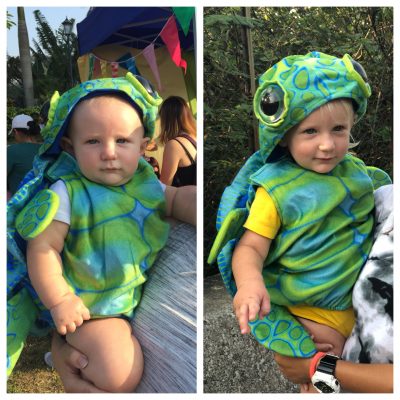 Sea turtle costume on 9m and 18m old