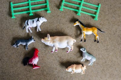 small plastic farm animals for a sensory activity with jello | This Indulgent Life