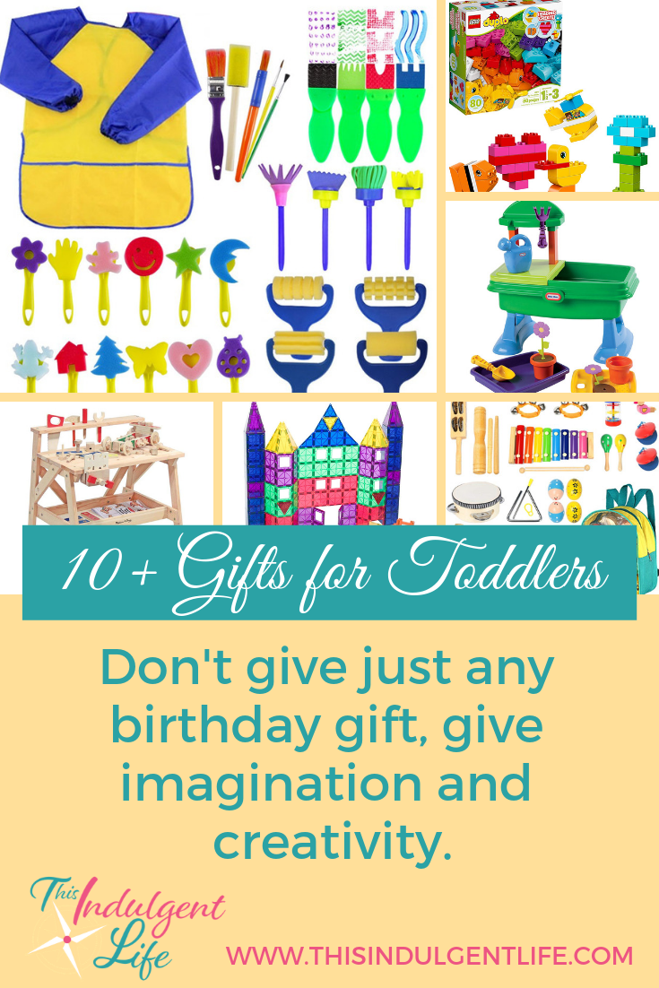 10+ Gifts for Toddlers- Don't give just any birthday gift, give imagination and creativity! | This Indulgent Life| Toys are great, but it's better to give a gift you know will help your child's development. These 10+ gifts are perfect in helping your child think creatively and grow their imagination | #growthmindset #giftsforboys #giftsforgirls #artgifts #dressupplay #musicgifts #toddlerbirthdaygifts #toddlergifts #bestgiftsforkids #learningtoys #educationaltoys #educationalgifts #inspirecreativity #inspireimagination #developingcreativity #developimagination #playbasedlearning